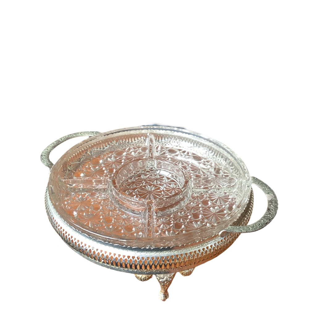🌺 Vintage Clear Glass Divided Serving Tray w/Silvertone Metal Holder